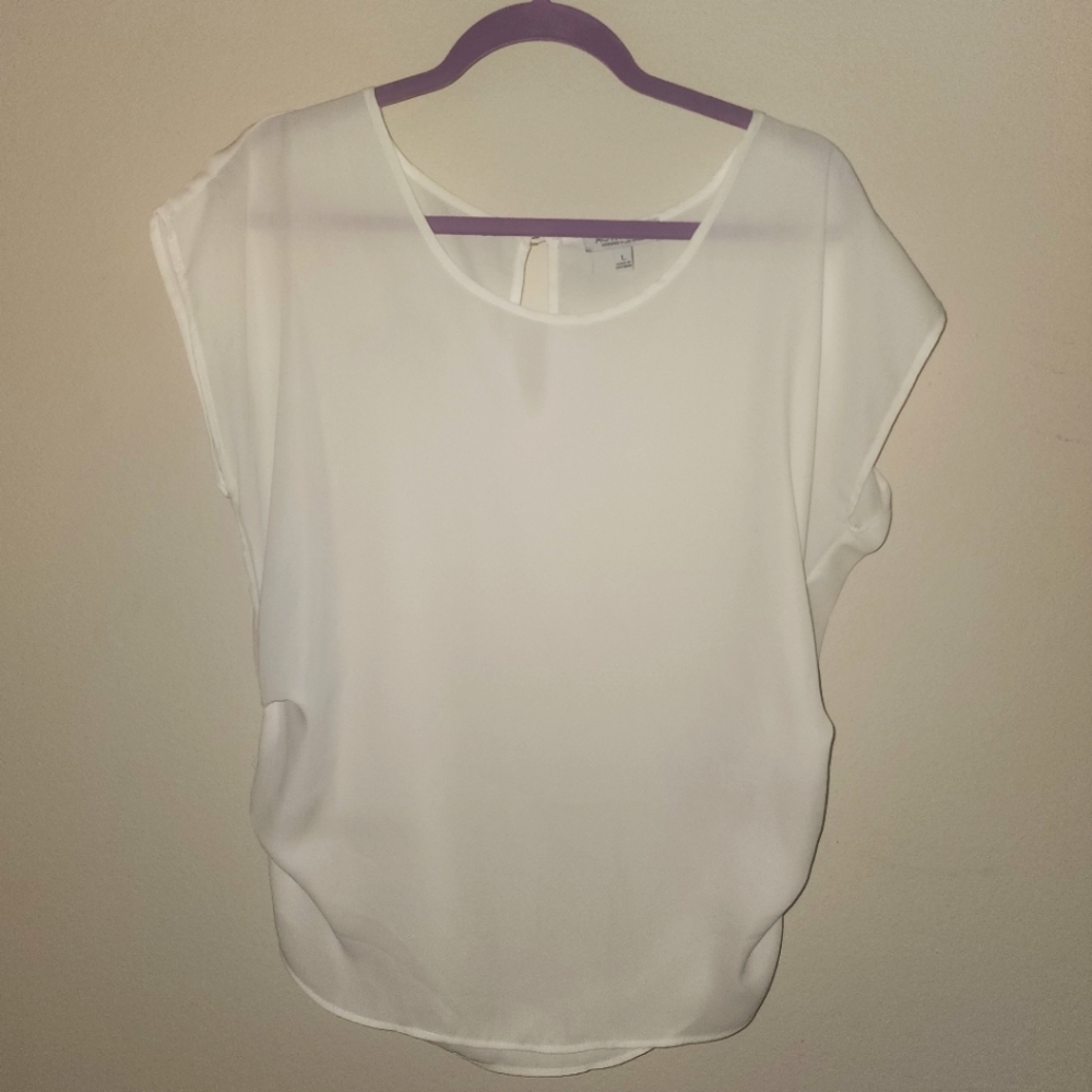 White Business Casual Blouse Top Shirt Semi Sheer with rouching, size Large